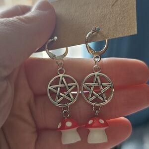 Handmade Silver Pentagram Earrings with Red & White Mushroom Charms